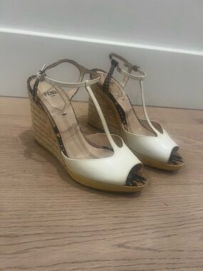 Fendi Elodie Patent Leather & Python Wedge Sandals Sz 36